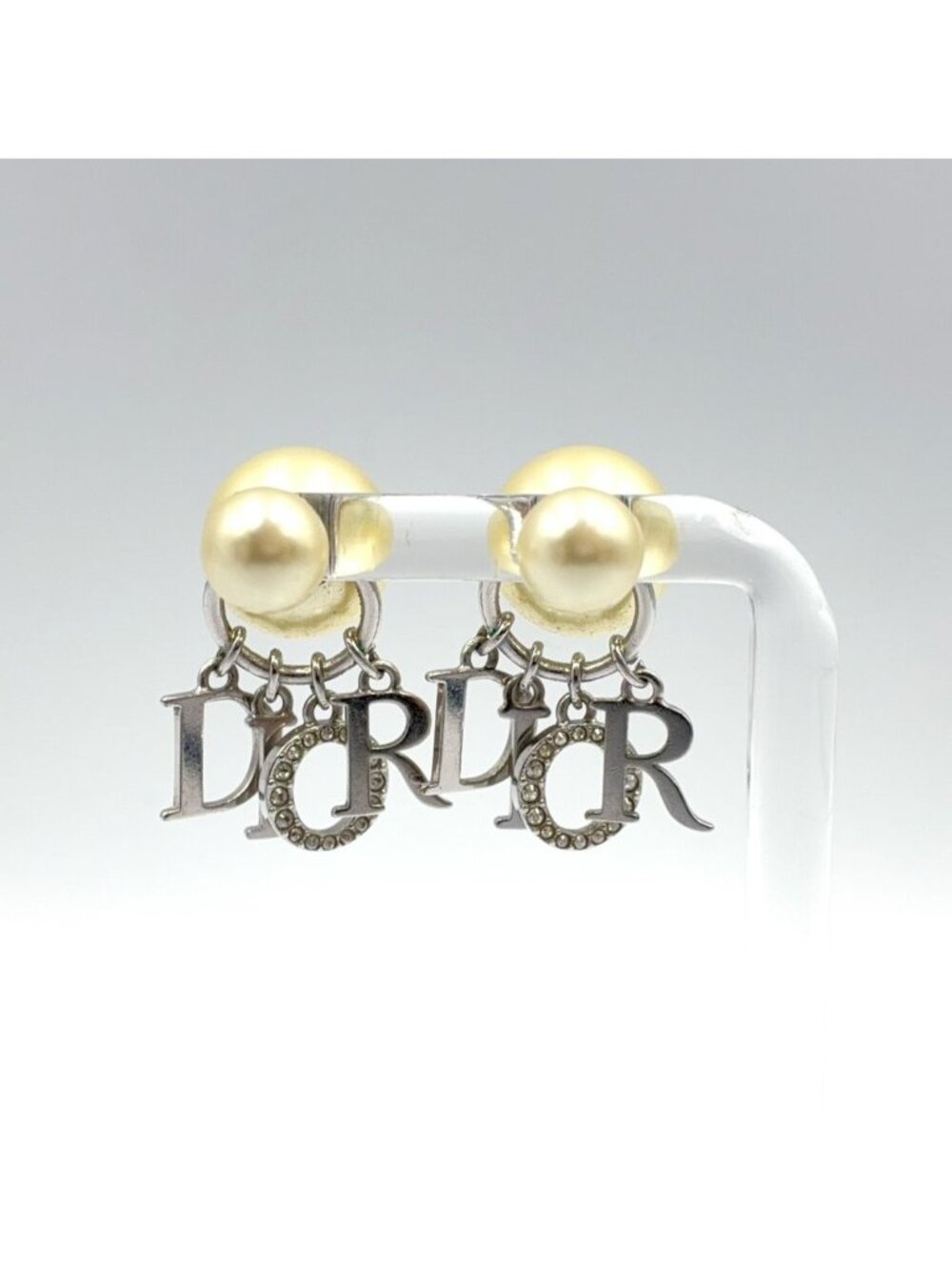 Dior Tribal Logo Swing Metal Rhinestone Faux Pearl Off White Clear Silver